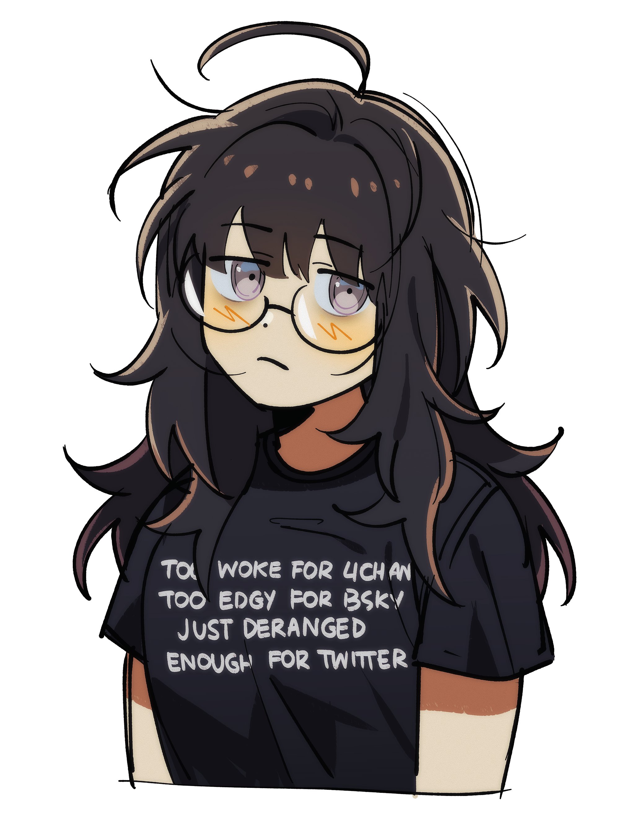 johan (deathamaranth), original, absurdres, commentary, english commentary, highres, 1girl, ahoge, bags under eyes, black hair, black shirt, clothes writing, english text, frown, glasses, grey eyes, hair ornament, messy hair, shirt, solo, t-shirt, upper body