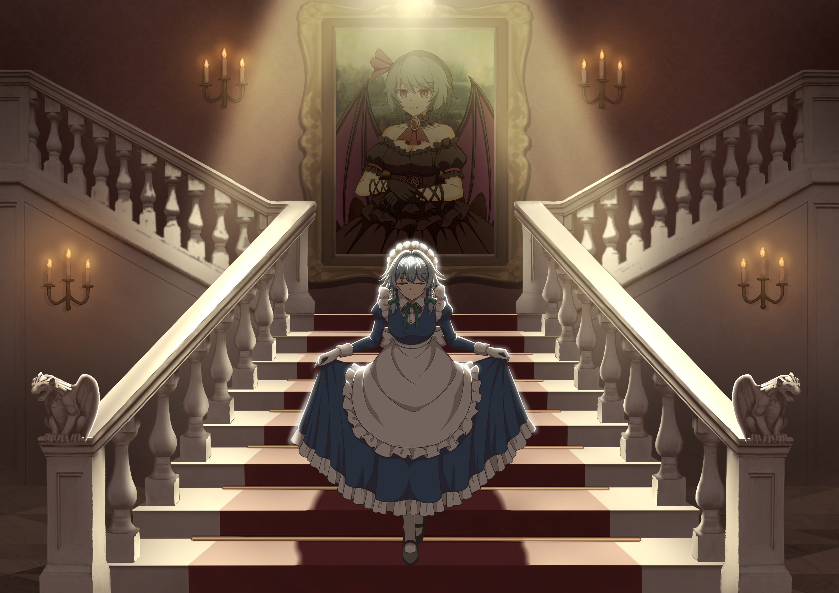 piaoluo de ying huaban, izayoi sakuya, remilia scarlet, mona lisa, touhou, absurdres, commentary request, highres, 1girl, alternate costume, apron, ascot, back bow, bat wings, black choker, black dress, black gloves, black shoes, blue dress, blue hair, bow, bowtie, braid, breasts, brooch, candelabra, candle, candlestand, choker, cleavage, closed eyes, closed mouth, curtsey, dress, facing viewer, fang, fang out, fine art parody, frilled choker, frills, gloves, green bow, green bowtie, grey hair, hair bow, jewelry, juliet sleeves, long hair, long sleeves, maid, maid headdress, mary janes, off-shoulder dress, off shoulder, painting (object), parody, puffy short sleeves, puffy sleeves, red ascot, red eyes, shoes, short sleeves, skirt hold, smile, socks, stairs, twin braids, waist apron, white bow, white gloves, white socks, wings