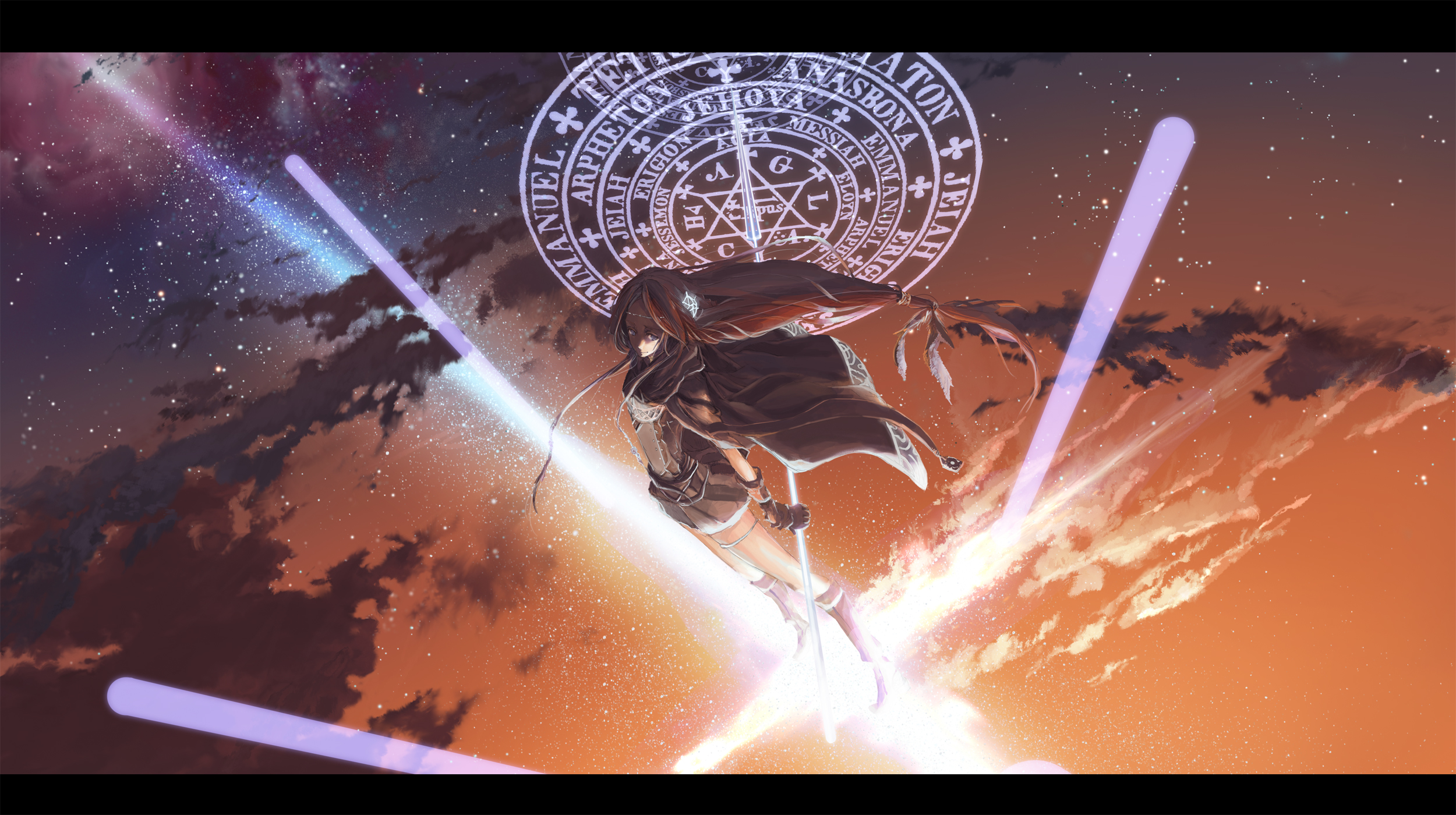 katou taira, original, bad id, bad pixiv id, highres, blue eyes, cape, cloud, letterboxed, long hair, magic, magic circle, red hair, sky, solo, star (symbol)