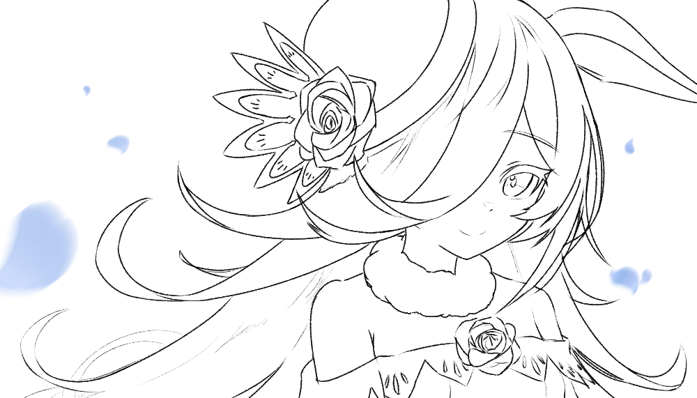 wingcat, rice shower (rosy dreams) (umamusume), rice shower (umamusume), umamusume, commentary, 1girl, animal ears, bare shoulders, blue petals, collar, detached sleeves, dot nose, dress, falling petals, fascinator, flipped hair, flower, greyscale, hair over one eye, hat, hat flower, horse ears, horse girl, long hair, looking at viewer, monochrome, off-shoulder dress, off shoulder, one eye covered, petals, portrait, rose, simple background, sketch, smile, solo, spot color, tilted headwear, white background