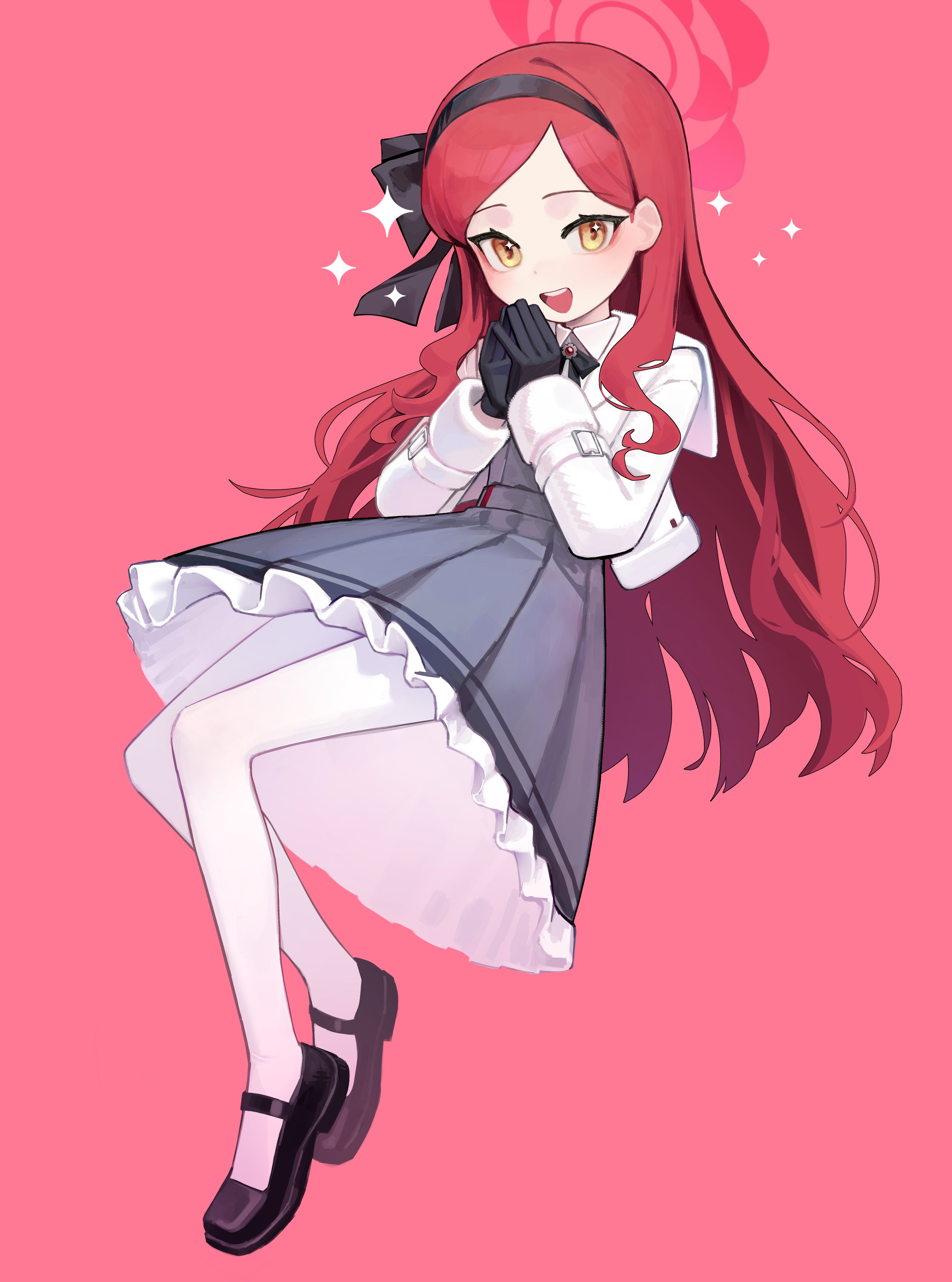 yoon cook, takane (blue archive), blue archive, absurdres, commentary, highres, symbol-only commentary, 1girl, black bow, black gloves, black hairband, black neckerchief, black shoes, bow, bow hairband, collar, dress, frilled dress, frills, gem, gloves, grey dress, hair bow, hairband, halo, invisible chair, jacket, light blush, long hair, looking at viewer, mary janes, neckerchief, open mouth, own hands together, pantyhose, parted bangs, pink background, pleated dress, red gemstone, red hair, red halo, shoes, simple background, sitting, solo, sparkle, steepled fingers, teeth, upper teeth only, very long hair, white collar, white jacket, white pantyhose, yellow eyes