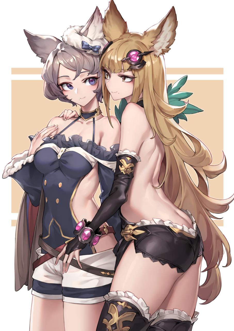 oopartz yang, metera (granblue fantasy), sutera (granblue fantasy), granblue fantasy, highres, 2girls, animal ears, backless outfit, bare back, blonde hair, blue eyes, breasts, bridal gauntlets, brown eyes, butt crack, ear ornament, elbow gloves, erune, frills, gloves, grey hair, hair ornament, hand on another's shoulder, long hair, medium breasts, mole, mole under eye, mole under mouth, multiple girls, short hair, sideless outfit, smile, very long hair