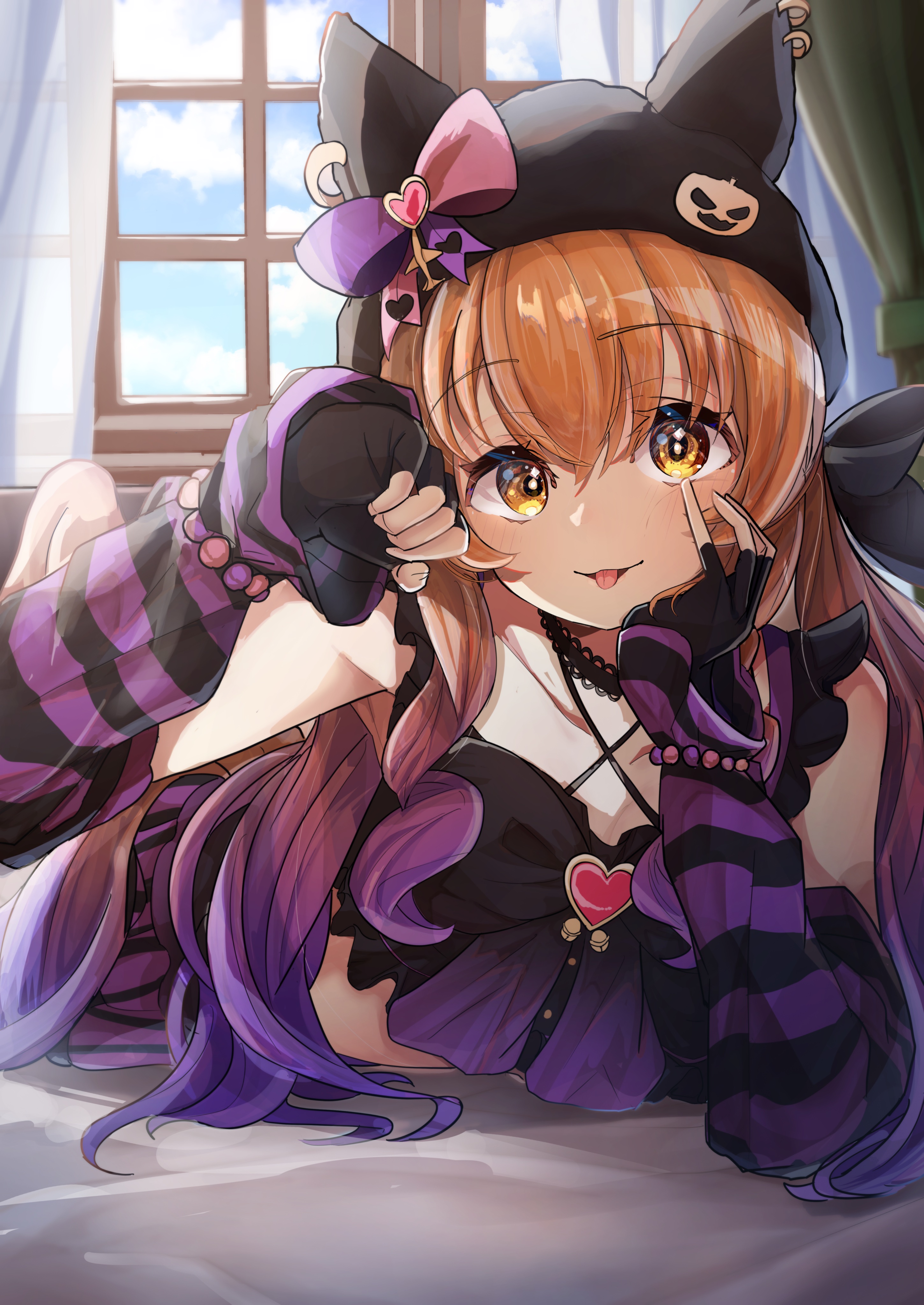 yu-muge, mayano top gun (rockin' mewmeow) (umamusume), mayano top gun (umamusume), umamusume, absurdres, highres, 1girl, animal ears, bead bracelet, beads, black choker, black hat, blush, bow, bracelet, breasts, choker, crop top, fingerless gloves, gloves, hair between eyes, hat, head rest, horse ears, horse girl, horse tail, indoors, jewelry, long hair, looking at viewer, low twintails, lying, official alternate costume, official alternate hairstyle, on stomach, open mouth, orange eyes, orange hair, parted lips, pumpkin hat ornament, purple arm warmers, purple hair, skirt, smile, solo, striped arm warmers, striped sleeves, tail, tongue, tongue out, twintails, window