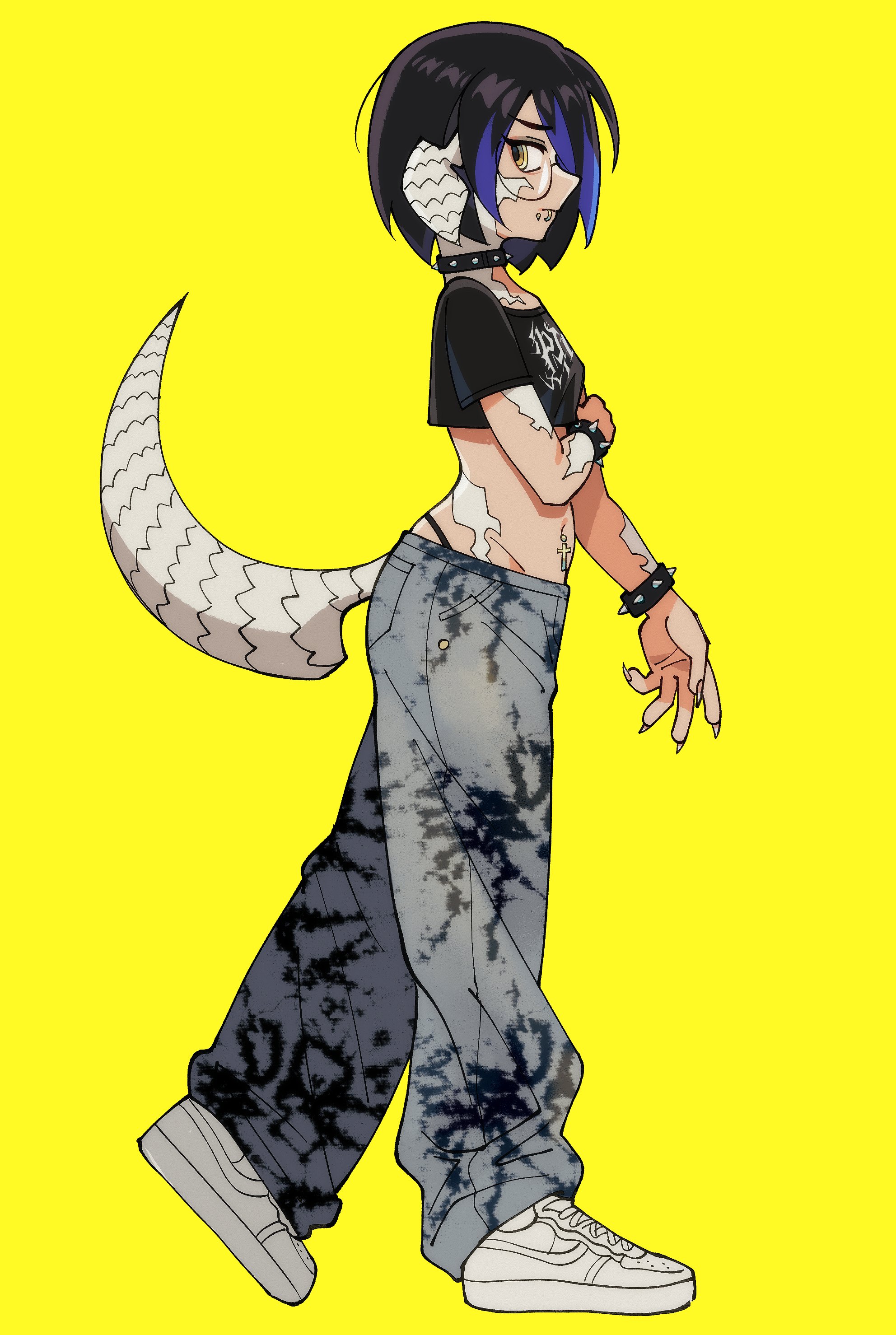 johan (deathamaranth), warrior of light (ff14), final fantasy, final fantasy xiv, absurdres, commentary, highres, 1girl, au ra, baggy pants, black hair, blue eyes, bracelet, crop top, cropped shirt, dragon horns, dragon tail, face piercing, fingernails, from side, full body, glasses, hip bones, horns, jewelry, lip piercing, lip ring, lowleg, lowleg panties, midriff, multicolored hair, navel, navel piercing, panties, pants, piercing, round eyewear, scales, sharp fingernails, shoes, sneakers, solo, spiked bracelet, spikes, streaked hair, tail, two-tone hair, underwear, white shoes, yellow background, yellow eyes