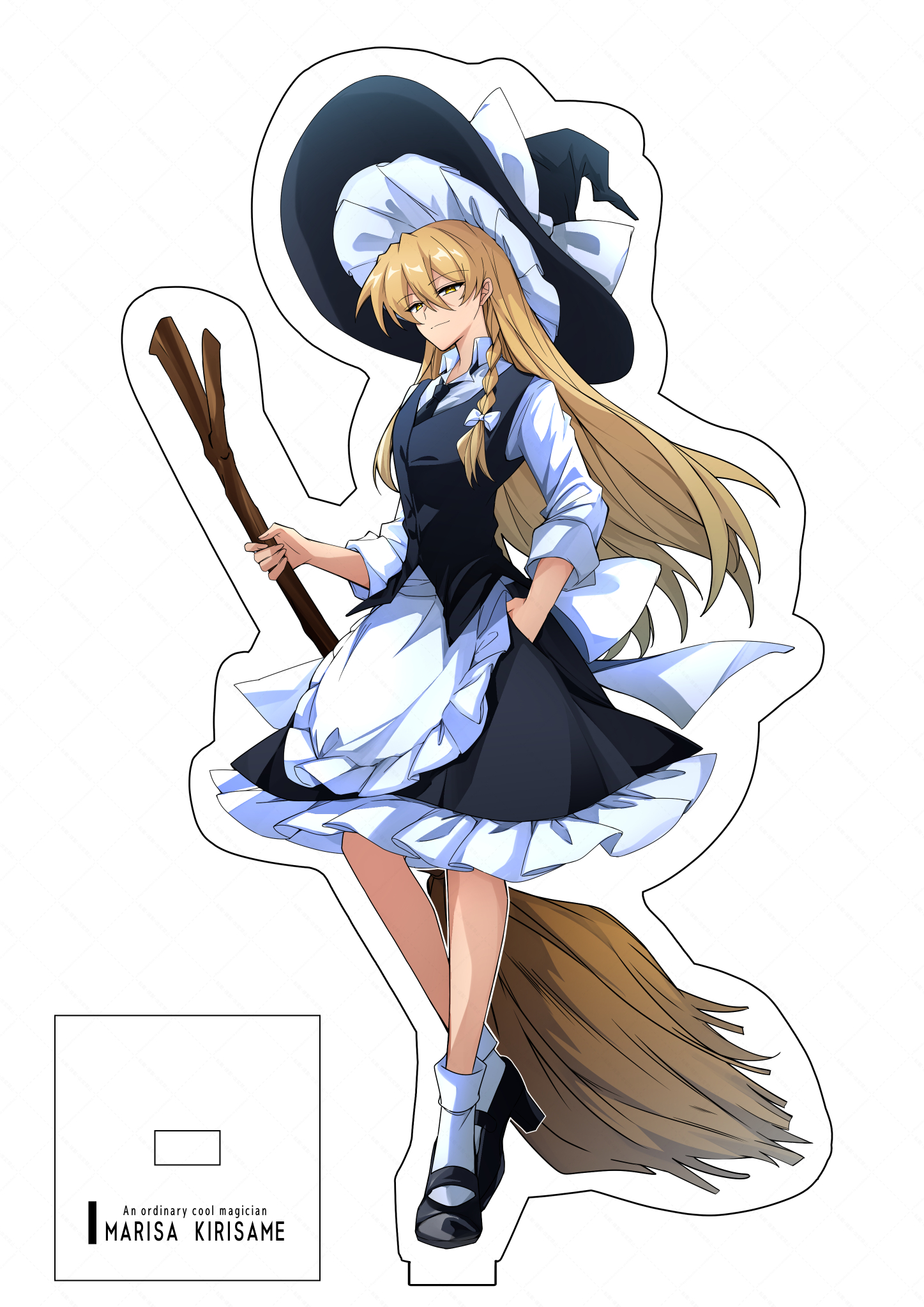 fuko (fukkofuko), kirisame marisa, touhou, commentary request, highres, 1girl, acrylic stand (medium), apron, black hair, black necktie, black skirt, black vest, blonde hair, bow, braid, braided sidelock, broom, character name, frilled apron, frilled skirt, frills, full body, hair between eyes, hair bow, hand in pocket, hat, holding, holding broom, long hair, mary janes, necktie, shirt, shoes, skirt, socks, solo, standing, vest, white apron, white bow, white shirt, white socks, witch hat