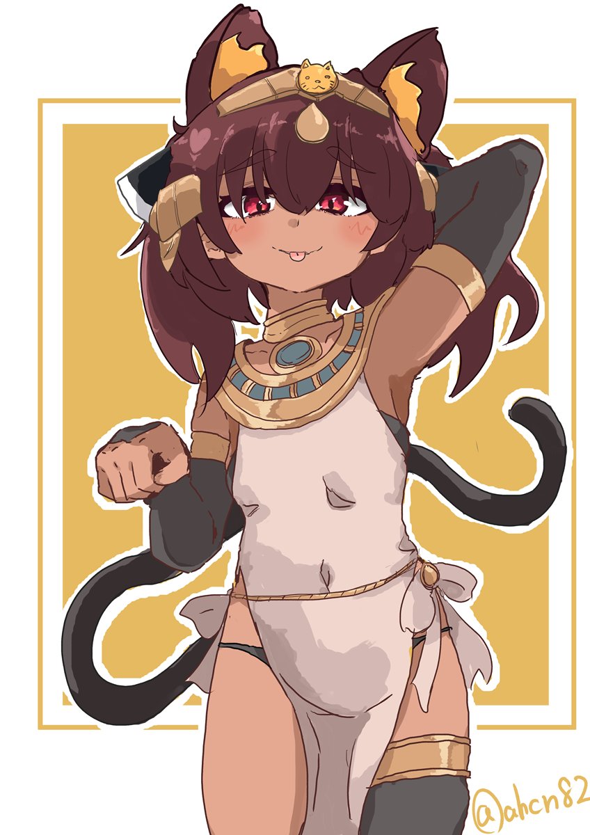 touhoku kiritan, voiceroid, commentary request, highres, 1girl, ahcn82, ancient egyptian, animal ear fluff, animal ears, black panties, breasts, brown hair, cat ears, cat girl, cat tail, cowboy shot, hair between eyes, if you want to become a godly artist (trend), looking at viewer, panties, pelvic curtain, single thighhigh, small breasts, solo, tail, thighhighs, thighs, tongue, tongue out, underwear