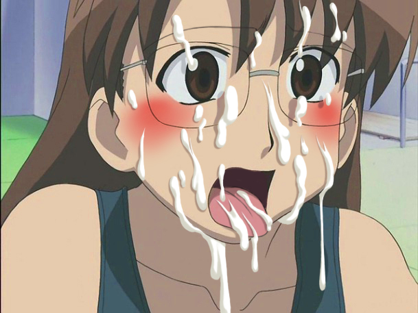mizuhara koyomi, azumanga daiou, third-party edit, 1girl, blush, brown eyes, brown hair, bukkake, cum, cum in mouth, cum on body, cum on eyewear, cum on hair, cumdrip, facial, female focus, glasses, long hair, one-piece swimsuit, open mouth, school swimsuit, solo, swimsuit, tongue, uncensored