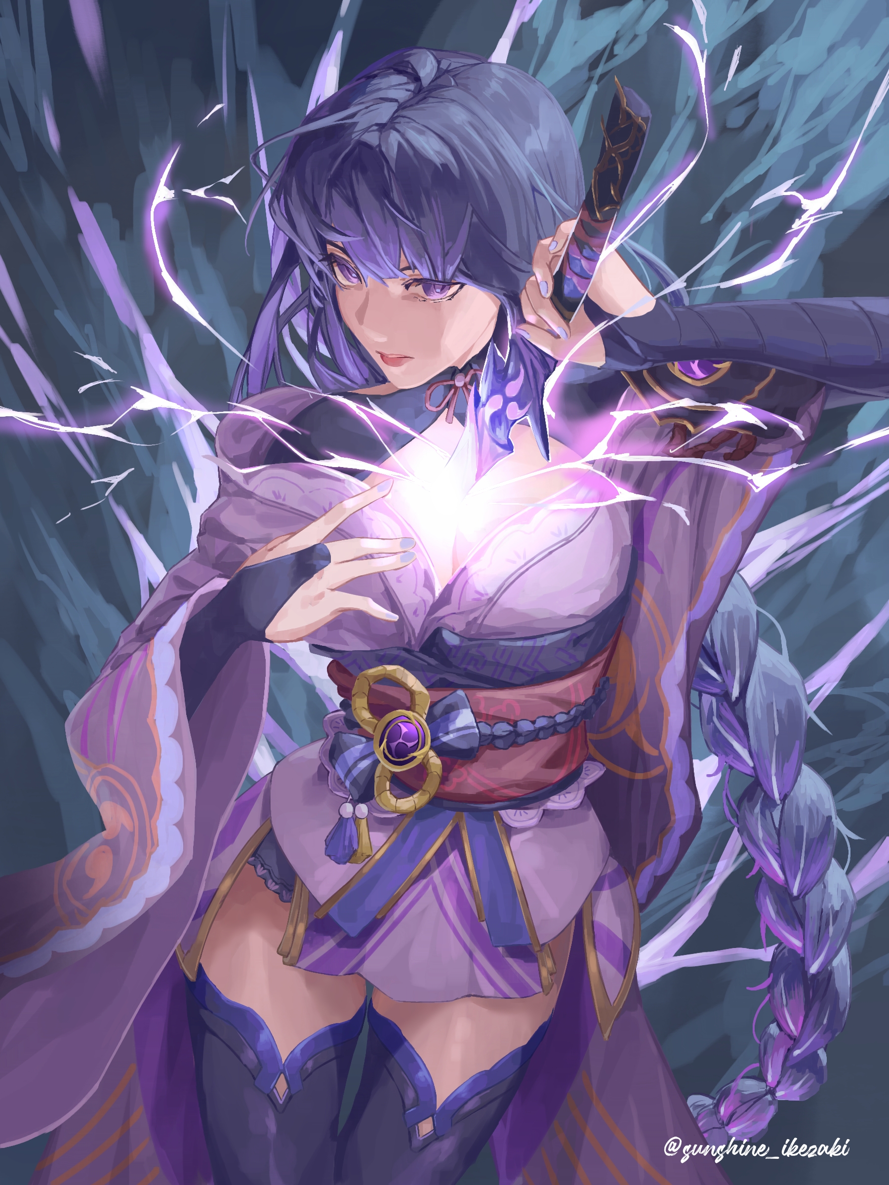 sunshineikezak1, raiden shogun, genshin impact, absurdres, commentary, duplicate, english commentary, highres, 1girl, aqua background, arm up, armor, artist name, asymmetrical sleeves, black panties, black thighhighs, blunt bangs, braid, breasts, bridal gauntlets, cleavage, closed mouth, clothing cutout, electricity, from above, glowing, glowing sword, glowing weapon, hands up, holding, holding sword, holding weapon, human scabbard, japanese clothes, kimono, large breasts, long braid, long hair, looking at viewer, looking to the side, mitsudomoe (shape), multicolored hair, musou isshin (genshin impact), neck ribbon, off shoulder, panties, pink lips, purple eyes, purple hair, purple kimono, purple nails, red ribbon, red sash, ribbon, sash, shoulder armor, shoulder cutout, single braid, solo, standing, streaked hair, sword, thick thighs, thighhighs, thighs, tomoe (symbol), twitter username, underwear, uneven sleeves, weapon, wide sleeves