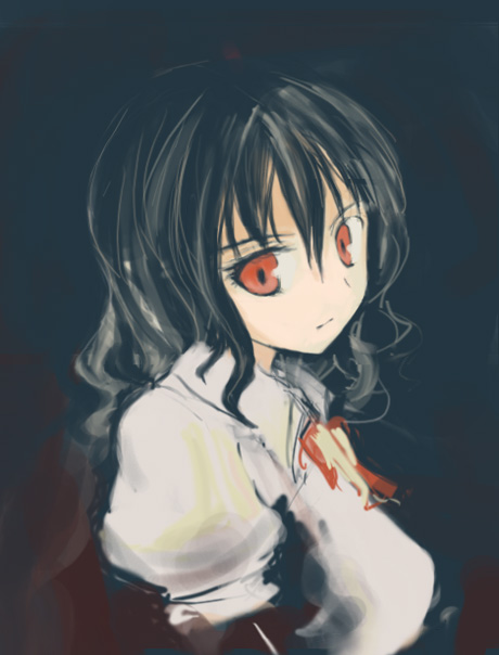 hokamichi, taji (crowview), shameimaru aya, touhou, 1girl, black hair, breasts, crazy eyes, curly hair, female focus, looking at viewer, puffy short sleeves, puffy sleeves, red eyes, shirt, short hair, short sleeves, solo, upper body, white shirt