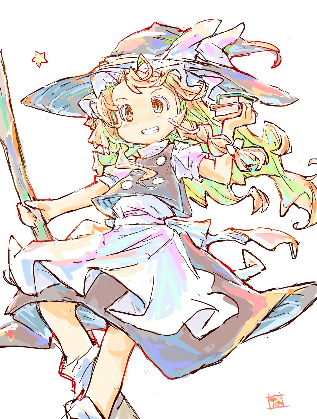 yamasina009, kirisame marisa, touhou, commentary, highres, 1girl, apron, artist logo, black hat, black skirt, blonde hair, bow, braid, braided sidelock, broom, buttons, double-breasted, hair bow, hat, holding, holding broom, logo, long hair, skirt, smile, solo, star (symbol), white apron, white bow, witch hat