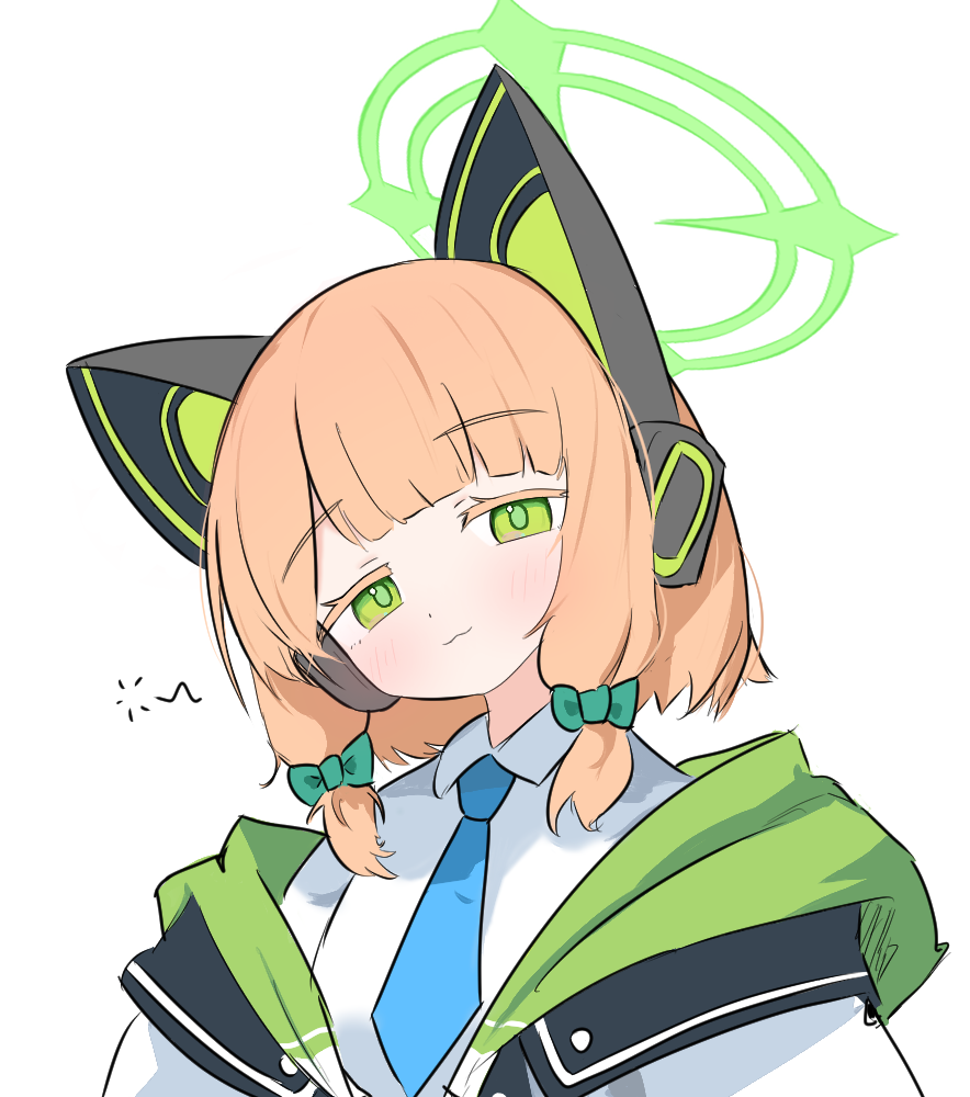 wingcat, midori (blue archive), blue archive, commentary request, korean commentary, 1girl, :3, animal ear headphones, animal ears, blue necktie, blush, bow, breasts, cat ear headphones, cat ears, collared shirt, dot nose, fake animal ears, green bow, green eyes, green halo, green jacket, halo, head tilt, headphones, hood, hood down, hooded jacket, jacket, looking at viewer, low-tied sidelocks, medium hair, multicolored jacket, necktie, open clothes, open jacket, raised eyebrows, shirt, sidelocks, simple background, sketch, small breasts, smile, solo, upper body, white background, white jacket, white shirt
