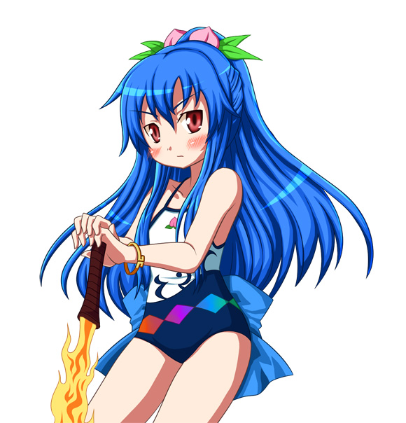 kaiki kuro otoko, kaiki kurou, hinanawi tenshi, touhou, 1girl, blue hair, female focus, hat, long hair, one-piece swimsuit, solo, swimsuit, sword, sword of hisou, weapon