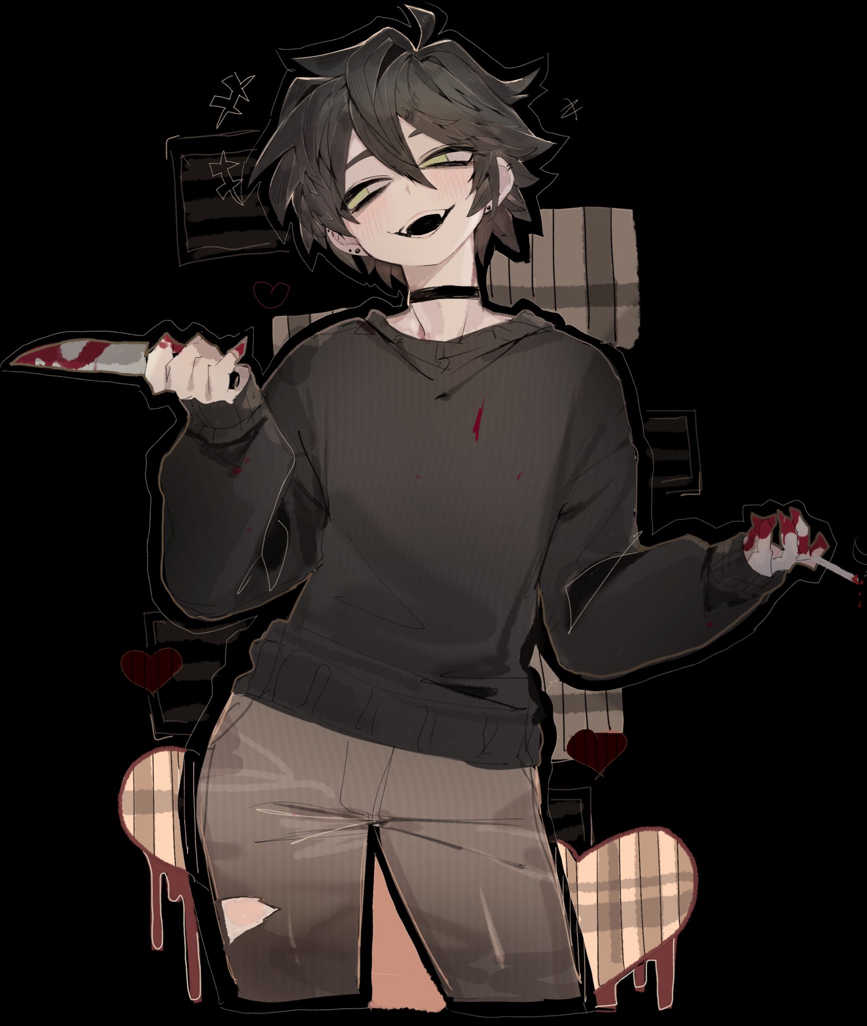 usa37107692, andrew graves, the coffin of andy and leyley, commentary, commission, english commentary, highres, +++, 1boy, :d, ahoge, bags under eyes, black background, black choker, black hair, black mouth, black sweater, blood, blood on clothes, blood on hands, bloody knife, choker, cigarette, contrapposto, cropped legs, denim, double-parted bangs, earrings, facing viewer, fangs, green eyes, grey pants, hair between eyes, hand up, heart, heart background, holding, holding cigarette, holding knife, jeans, jewelry, knife, long sleeves, looking to the side, male focus, no pupils, open mouth, pants, plaid background, puffy long sleeves, puffy sleeves, ribbed sweater, short hair, sideways glance, simple background, single hair intake, smile, solo, standing, straight-on, stud earrings, sweater, teeth, torn clothes, torn jeans, torn pants
