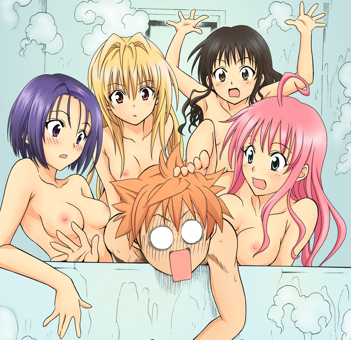 yabuki kentarou, konjiki no yami, lala satalin deviluke, sairenji haruna, yuuki mikan, yuuki rito, to love-ru, colorized, official art, 00s, 1boy, 4girls, :o, age difference, ahoge, armpits, barefoot, bath, bathing, bathroom, bathtub, bent over, black hair, blonde hair, blue hair, blush, bob cut, breasts, breasts apart, brother and sister, brown hair, feet, foot on head, green eyes, hair intakes, harem, indoors, long hair, mixed-sex bathing, multiple girls, nipples, no pupils, nude, parted lips, pink hair, purple eyes, purple hair, red eyes, shared bathing, short hair, siblings, small breasts, spiked hair, steam, stepped on, surprised, toes, upper body, water, wet, wide-eyed, yellow eyes