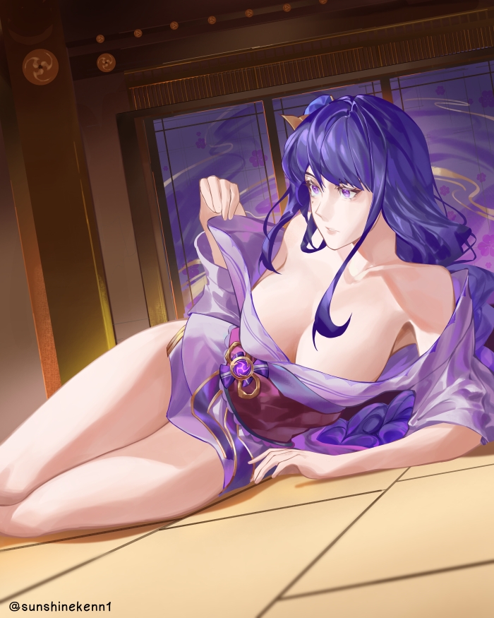 sunshineikezak1, raiden shogun, genshin impact, 1girl, artist name, bare shoulders, blunt bangs, breasts, cleavage, collarbone, fan hair ornament, hair ornament, indoors, japanese clothes, kimono, large breasts, leaning to the side, long hair, looking to the side, lying, mitsudomoe (shape), mole, mole under eye, off shoulder, on floor, on side, parted lips, pink lips, purple eyes, purple hair, purple kimono, red sash, sash, shade, solo, thighs, tomoe (symbol), twitter username