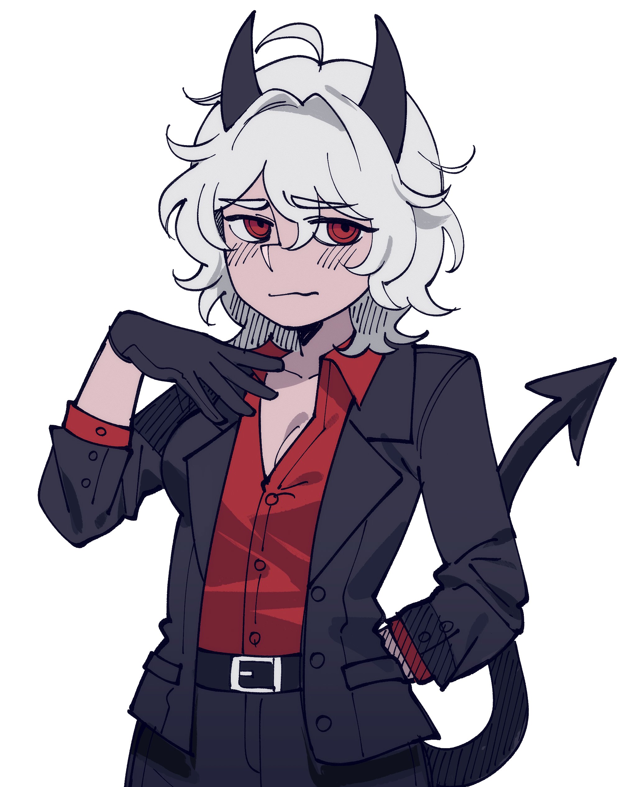 johan (deathamaranth), helltaker, original, absurdres, commentary, english commentary, highres, 1girl, ahoge, arm behind back, asymmetrical breasts, black gloves, black jacket, black pants, borrowed character, breasts, cleavage, demon girl, demon horns, demon tail, gloves, grey hair, hair intakes, horns, jacket, medium breasts, pants, parody, red eyes, red shirt, ringed eyes, shirt, solo, style parody, suit jacket, tail, upper body