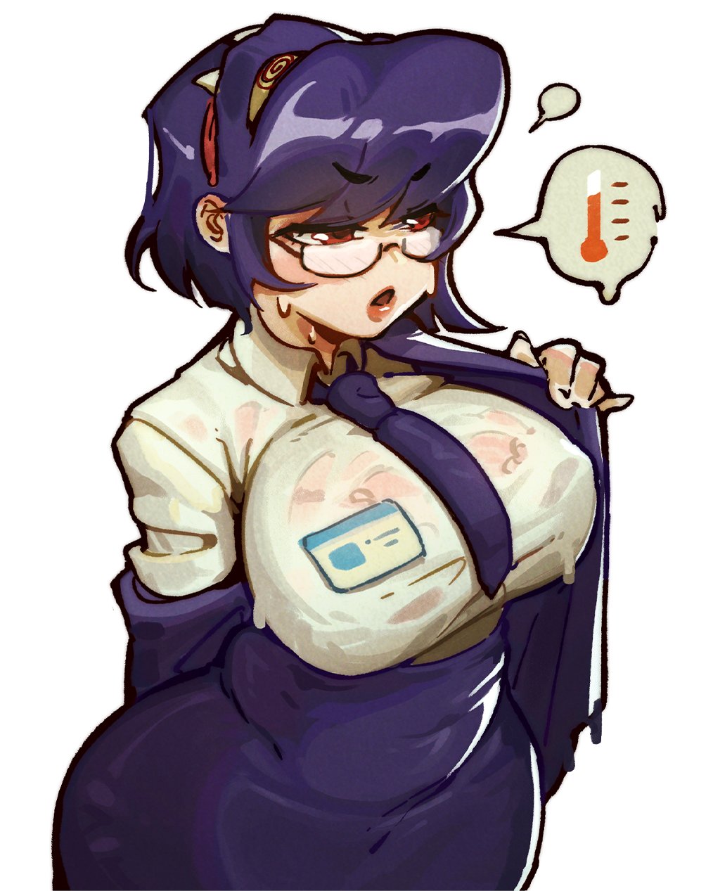 bubene, filia (skullgirls), samson (skullgirls), skullgirls, 1girl, @ @, alternate costume, alternate hairstyle, blue hair, blush, bra, breasts, glasses, lace, lace-trimmed bra, lace trim, large breasts, medium hair, necktie, office lady, open mouth, red eyes, red lips, removing jacket, see-through clothes, see-through shirt, semi-rimless eyewear, shirt, solo, speech bubble, sweat, thermometer, thick thighs, thighs, underwear, undressing, upper body, wet, wet clothes, wide hips