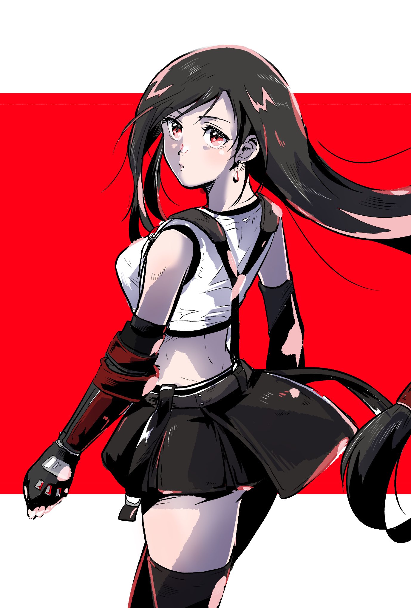 motsutei, tifa lockhart, final fantasy, final fantasy vii, final fantasy vii remake, commentary request, highres, 1girl, ass peek, bare shoulders, black gloves, black hair, black skirt, black thighhighs, breasts, closed mouth, cowboy shot, crop top, earrings, elbow gloves, from behind, from side, gloves, jewelry, long hair, looking at viewer, medium breasts, miniskirt, red eyes, single arm guard, single earring, skirt, solo, suspender skirt, suspenders, tank top, thighhighs, very long hair, white tank top