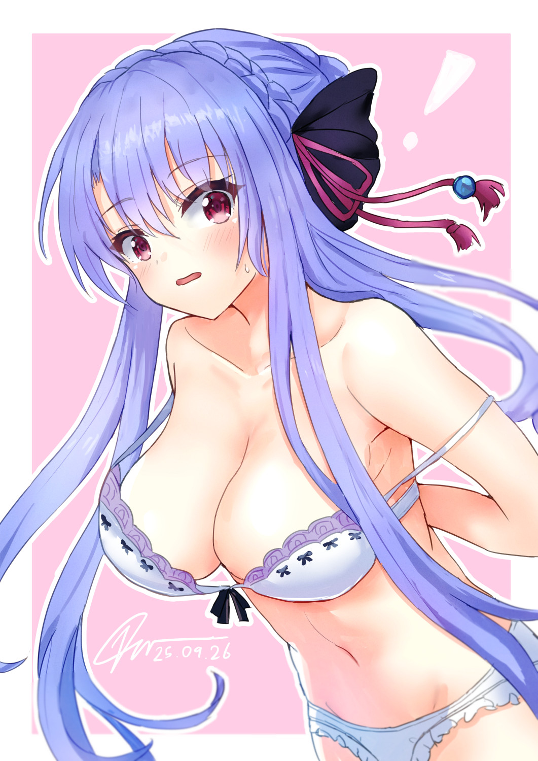 nowa2109, sorakado ao, summer pockets, commentary, highres, 1girl, arms behind back, bare shoulders, black bow, blue hair, blush, border, bow, bra, braid, breasts, cleavage, collarbone, cowboy shot, crown braid, eyes visible through hair, floating hair, frilled panties, frills, from side, hair between eyes, hair bow, hair bun, hair ribbon, lace, lace-trimmed bra, lace trim, large breasts, long hair, looking at viewer, navel, open mouth, outline, outside border, panties, pink background, red eyes, red ribbon, ribbon, sidelocks, simple background, single hair bun, solo, stomach, strap slip, surprised, sweatdrop, underwear, underwear only, undressing, very long hair, white border, white bra, white outline, white panties
