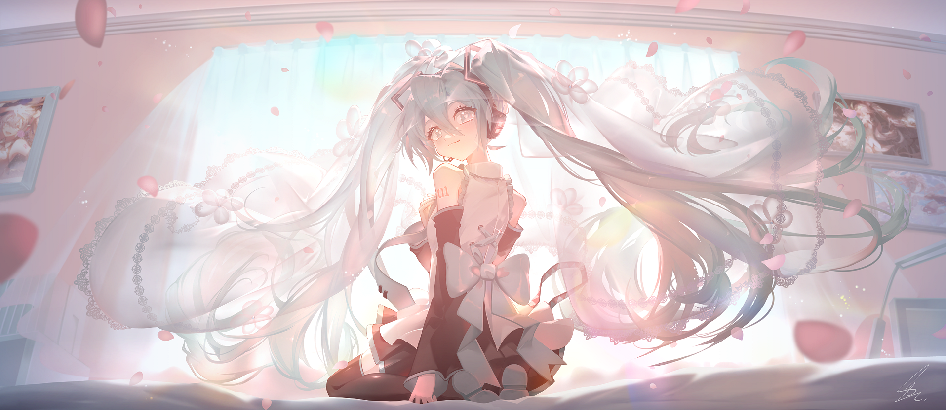 saihate (d3), hatsune miku, vocaloid, highres, 1girl, aqua eyes, aqua hair, aqua trim, black skirt, blush, closed mouth, collared shirt, detached sleeves, hair between eyes, hair ornament, long hair, long sleeves, looking at viewer, looking back, pleated skirt, shirt, skirt, sleeveless, sleeveless shirt, smile, solo, twintails, very long hair, white shirt, wide sleeves