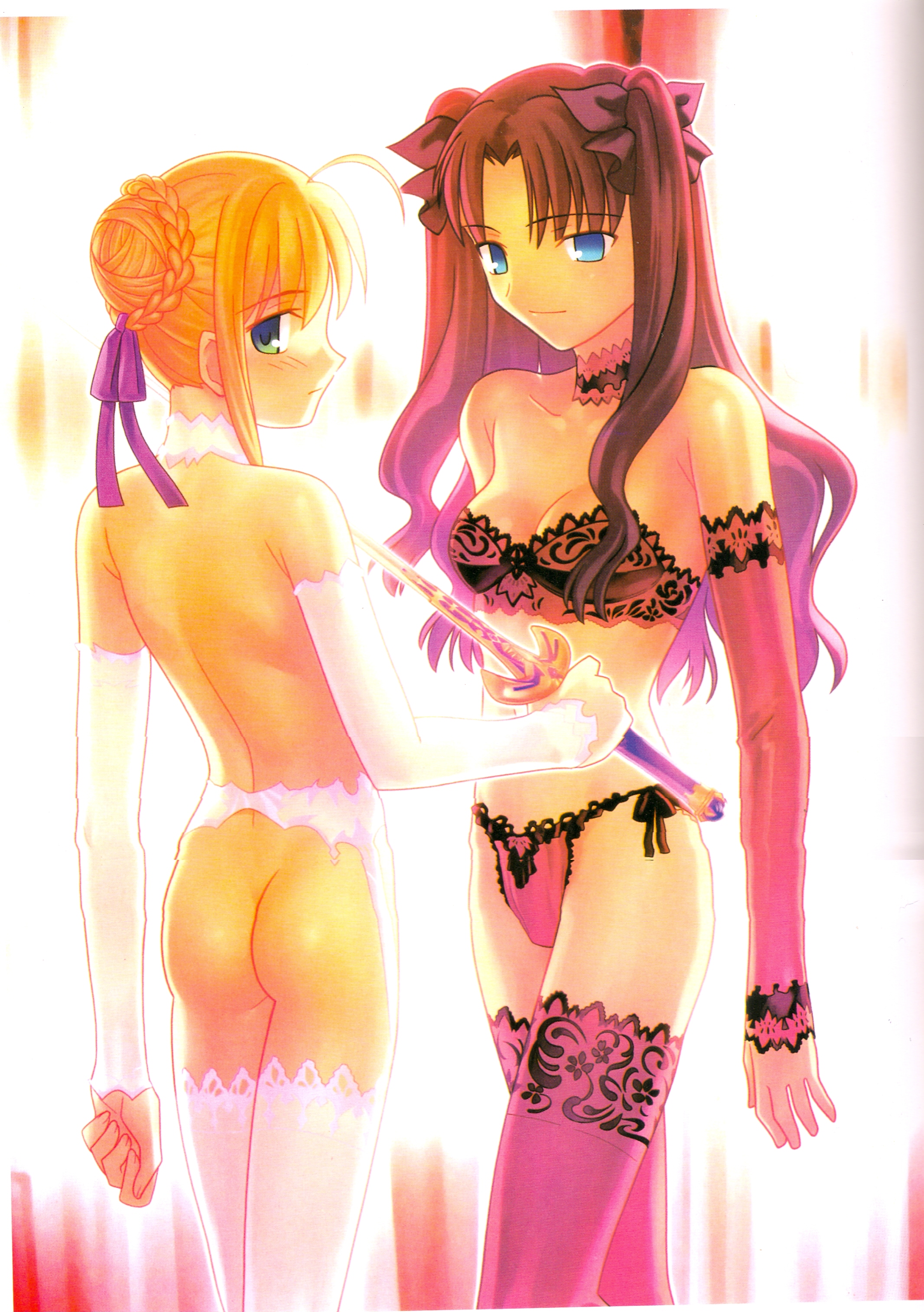 takeuchi takashi, artoria pendragon (fate), saber (fate), tohsaka rin, fate/stay night, fate (series), type-moon, absurdres, highres, scan, scan artifacts, 00s, 2girls, ahoge, ass, bad anatomy, bad proportions, black hair, blonde hair, blue eyes, bra, choker, detached sleeves, female focus, garter belt, green eyes, hair ribbon, lingerie, long hair, multiple girls, no bra, no panties, nude, panties, poorly drawn, ribbon, side-tie panties, sword, thighhighs, twintails, two side up, underwear, underwear only, weapon