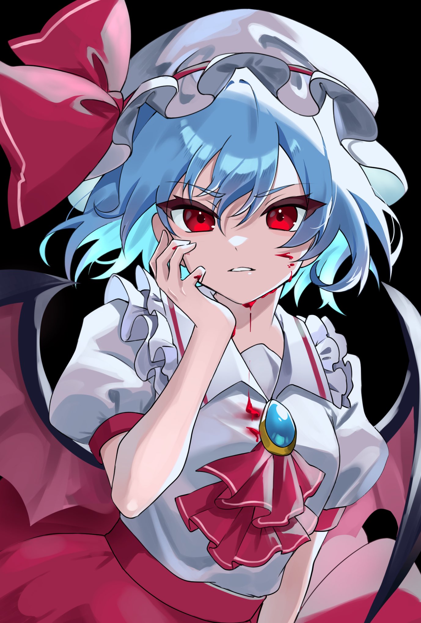 nyumuji ppp, remilia scarlet, touhou, commentary, highres, 1girl, ascot, bat wings, black background, blood, blood on clothes, blood on face, blue eyes, brooch, hat, jewelry, looking at viewer, mob cap, parted lips, puffy short sleeves, puffy sleeves, red ascot, red eyes, shirt, short hair, short sleeves, simple background, solo, vampire, white hat, white shirt, wings