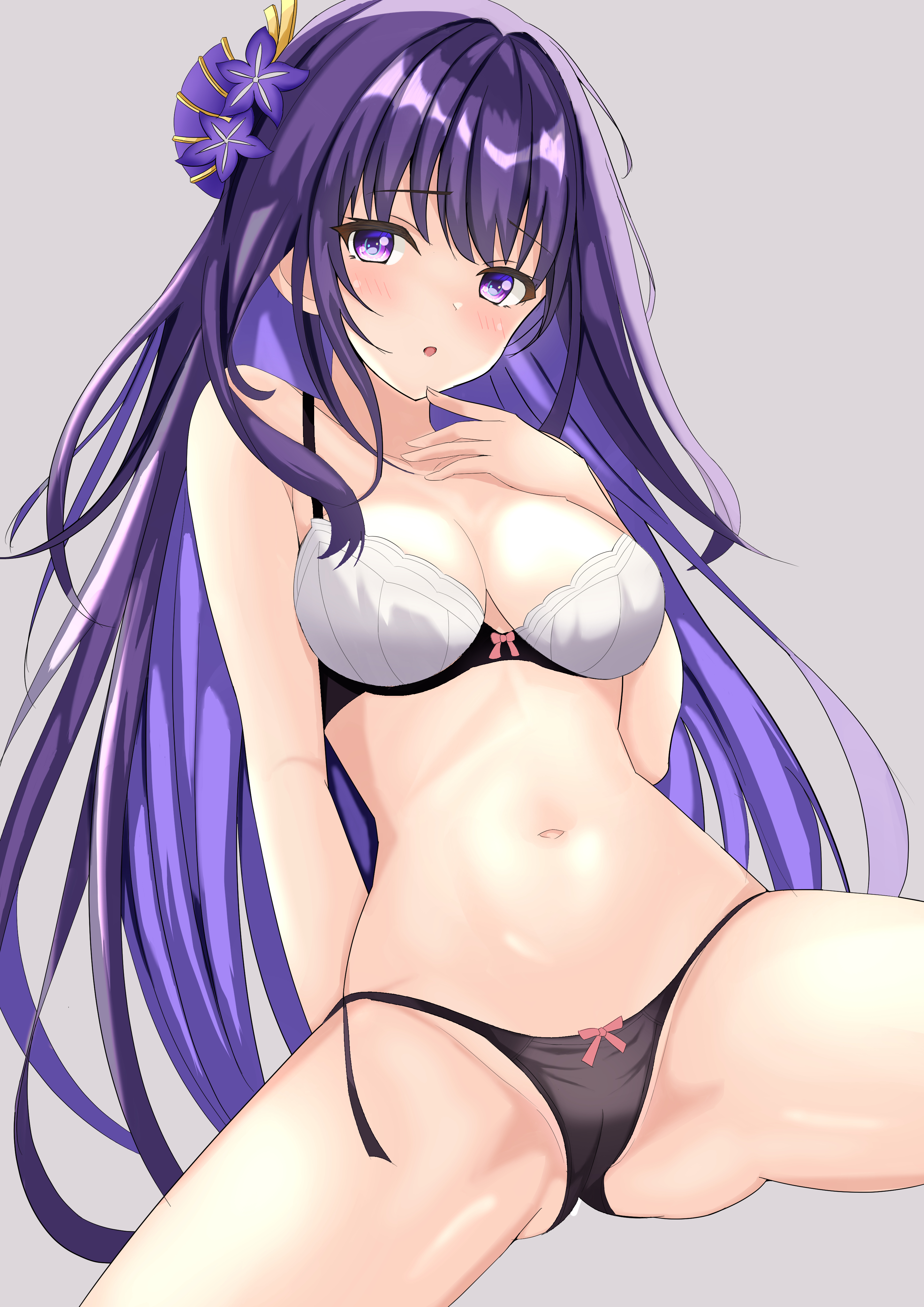 shamu (helix), raiden shogun, genshin impact, absurdres, commentary request, highres, 1girl, alternate costume, bare arms, bare shoulders, black panties, blunt bangs, blush, bra, breasts, cleavage, collarbone, covering crotch, covering privates, fan hair ornament, flower, flower ornament, gluteal fold, grey background, hair down, hair intakes, hair ornament, hand on own chin, large breasts, leaning back, long hair, mole, mole under eye, multicolored eyes, multicolored hair, navel, open mouth, panties, purple eyes, purple flower, purple hair, shade, simple background, solo, spread legs, stomach, thighs, underwear, underwear only, white bra