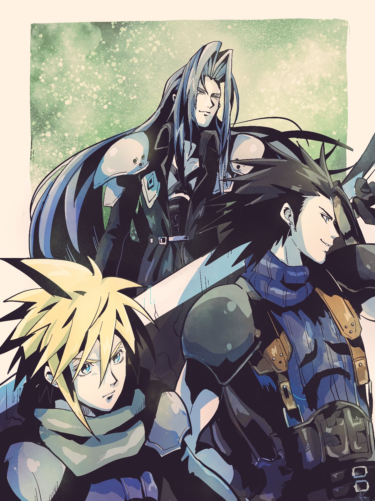 motsutei, cloud strife, sephiroth, zack fair, crisis core final fantasy vii, final fantasy, final fantasy vii, highres, 3boys, armor, belt, belt buckle, black coat, black hair, blonde hair, blue eyes, blue sweater, buckle, buster sword, coat, green scarf, grey hair, holding, holding sword, holding weapon, long hair, male focus, multiple belts, multiple boys, parted bangs, scarf, shinra infantry uniform, short hair, shoulder armor, sleeveless, sleeveless turtleneck, spiked hair, sweater, sword, turtleneck, turtleneck sweater, upper body, weapon