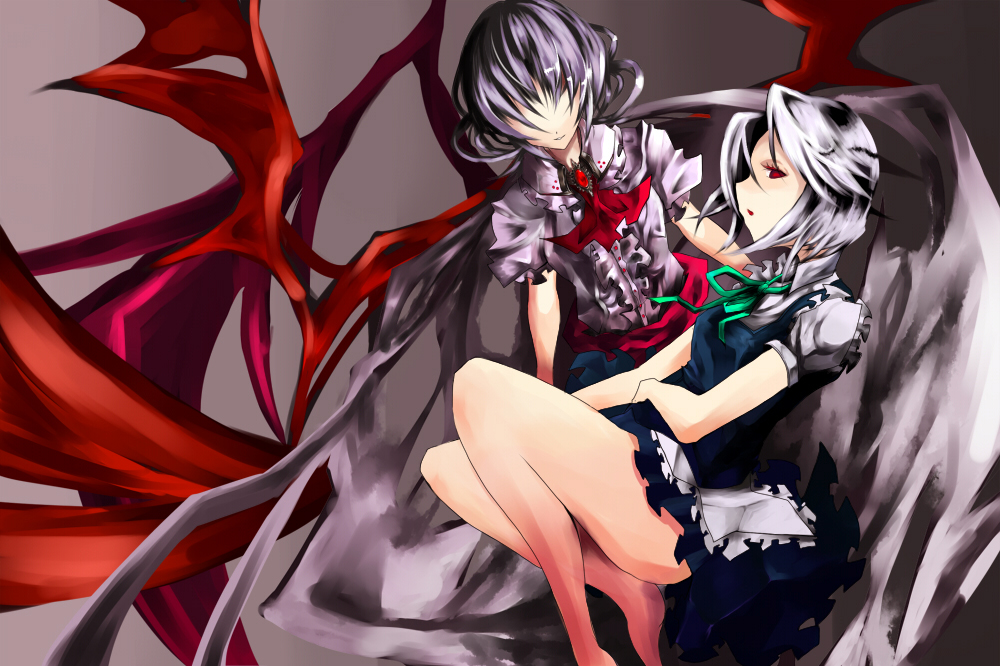 makai no juumin, izayoi sakuya, remilia scarlet, touhou, silver hair, bad id, bad pixiv id, 2girls, barefoot, blue hair, female focus, gradient background, hat, maid, multiple girls, ribbon, short hair, wings