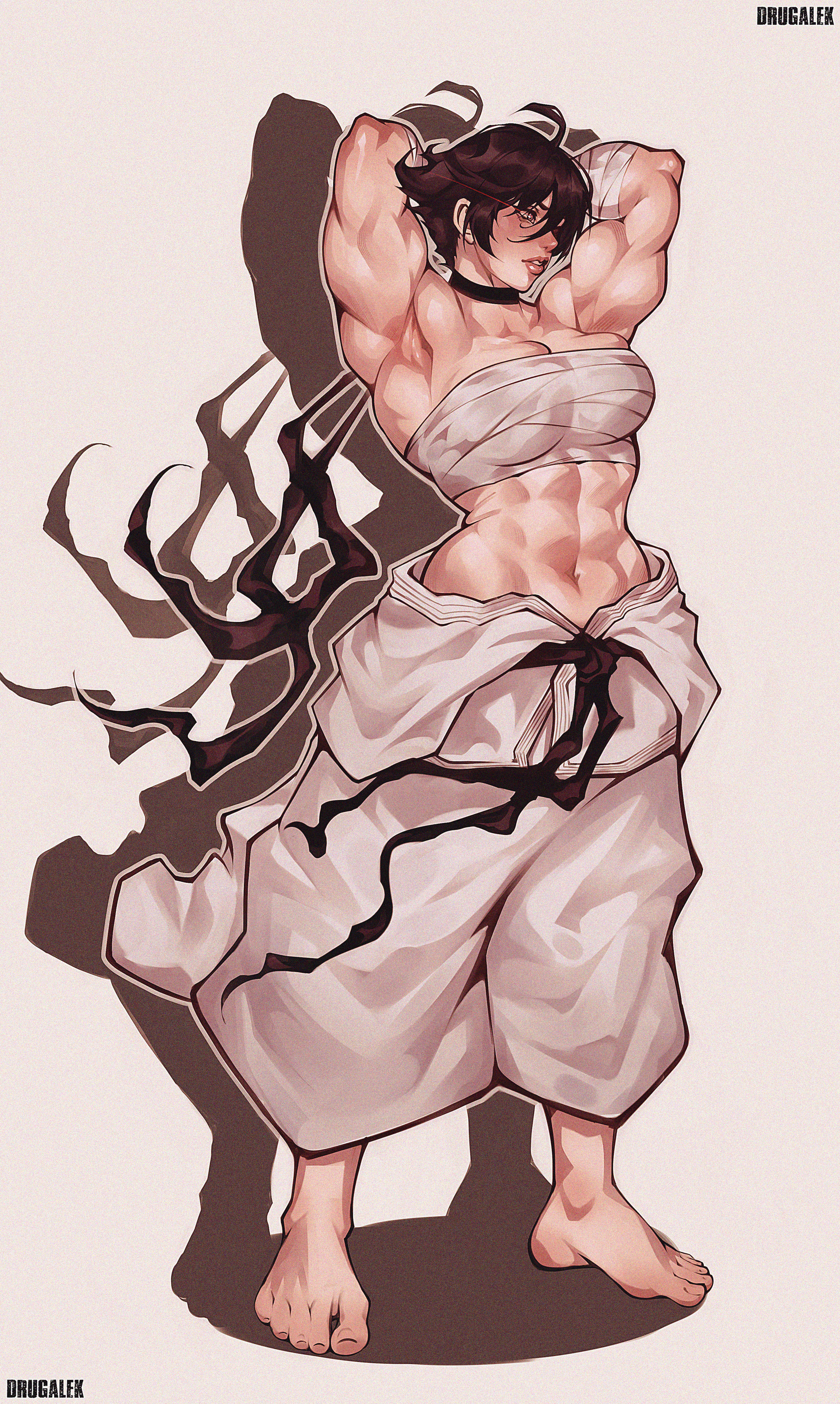 milka01477, makoto (street fighter), street fighter, absurdres, commentary, highres, 1girl, abs, ahoge, arms behind head, artist name, black choker, black hair, breasts, choker, cleavage, full body, large breasts, muscular, muscular female, navel, short hair, solo