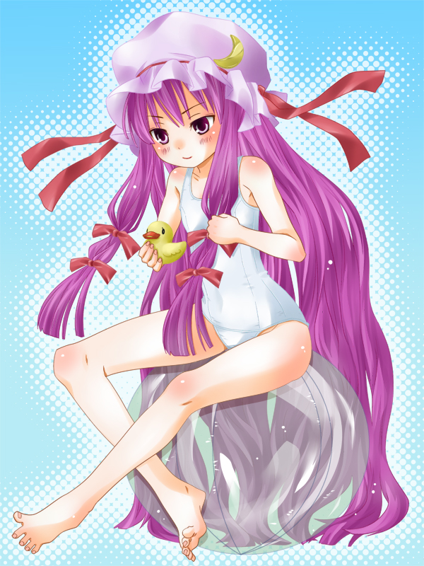 d5 (pixiv), patchouli knowledge, touhou, bad id, bad pixiv id, 1girl, barefoot, feet, female focus, full body, gradient background, halftone, halftone background, hat, long hair, one-piece swimsuit, purple hair, ribbon, school swimsuit, solo, swimsuit, white background, white one-piece swimsuit, white school swimsuit