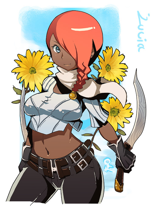 meme50, lucia (devil may cry), lucia (dmc), capcom, devil may cry (series), devil may cry 2, 00s, 1girl, belt, blue eyes, braid, breasts, dark-skinned female, dark skin, female focus, flower, solo