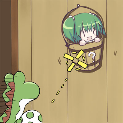 dorua (dollar), kisume, yoshi, mario (series), nintendo, super mario world 2: yoshi's island, touhou, yoshi's island, lowres, 1girl, ?, bucket, crosshair, crossover, female focus, gameplay mechanics, in bucket, in container, parody, solo