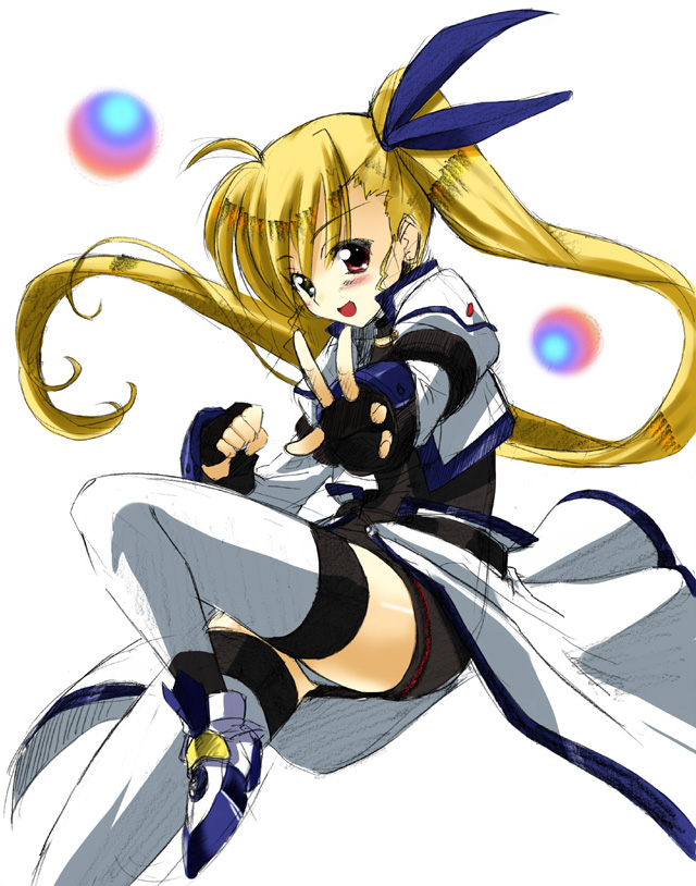 iga tamaki, vivio, lyrical nanoha, mahou shoujo lyrical nanoha, mahou shoujo lyrical nanoha strikers, 00s, bubble, long hair, ponytail, solo, thighhighs, very long hair