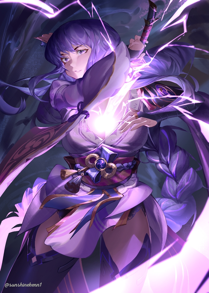 sunshineikezak1, raiden shogun, genshin impact, commentary, english commentary, 1girl, arm up, artist name, black panties, black thighhighs, blunt bangs, braid, breasts, bridal gauntlets, cleavage, fan hair ornament, glowing, glowing sword, glowing weapon, hair ornament, head tilt, holding, holding sword, holding weapon, japanese clothes, katana, kimono, large breasts, long braid, long hair, looking at viewer, looking to the side, mitsudomoe (shape), mole, mole under eye, multicolored hair, panties, parted lips, powering up, purple eyes, purple hair, purple kimono, red sash, sash, shade, single braid, solo, storm, streaked hair, sword, thighhighs, tomoe (symbol), twitter username, underwear, weapon, wide sleeves
