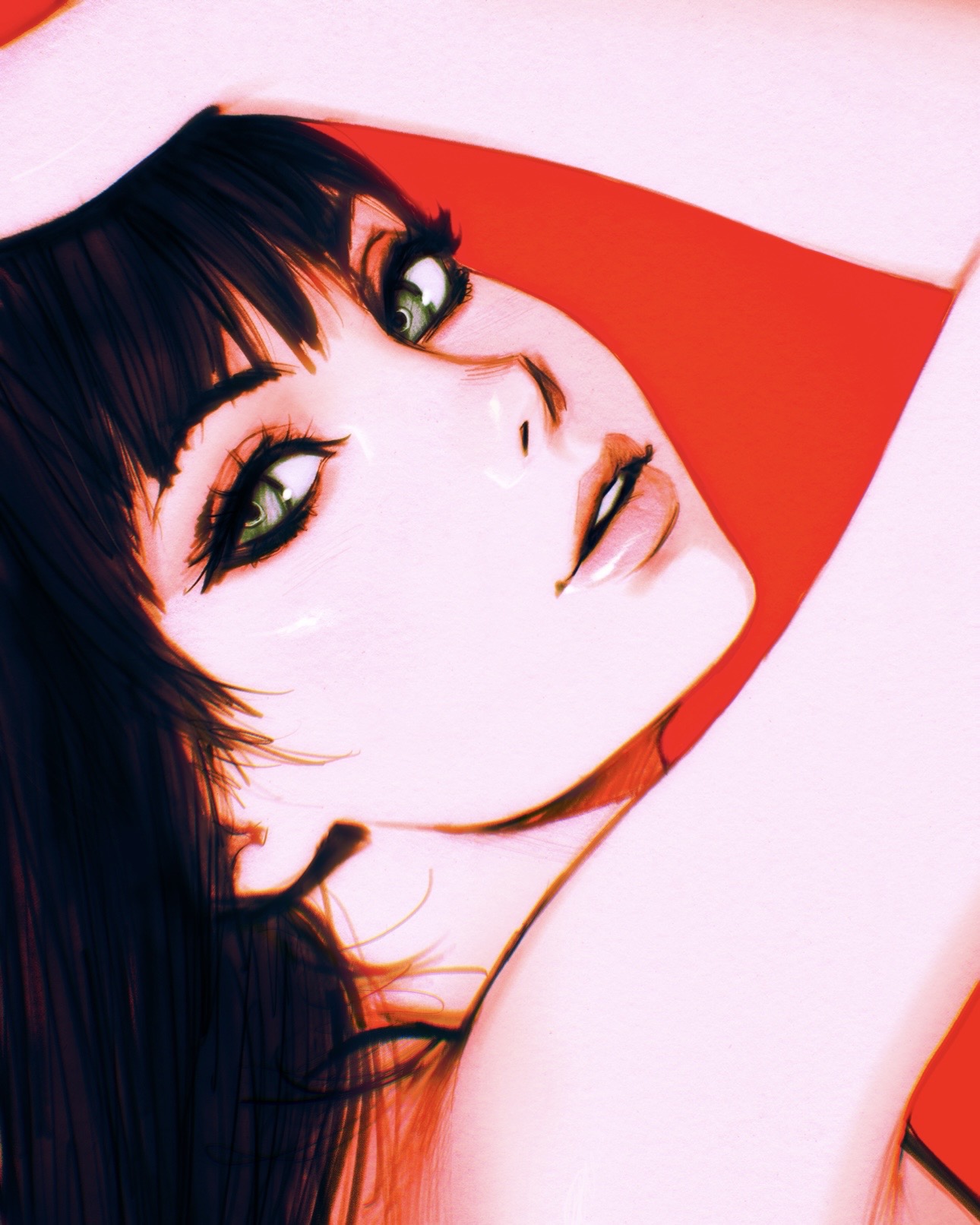 ilya kuvshinov, original, highres, 1girl, arm up, black hair, from side, green eyes, lips, long hair, looking at viewer, portrait, red background, solo