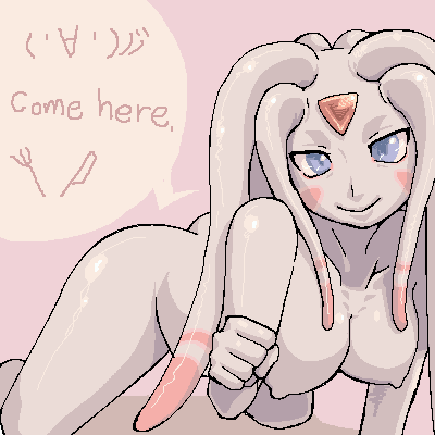 sashizume soutarou, original, lowres, 1girl, alien, blue eyes, breasts, colored skin, emoticon, english text, female focus, monster girl, purple skin, solo, tentacles, zanburg