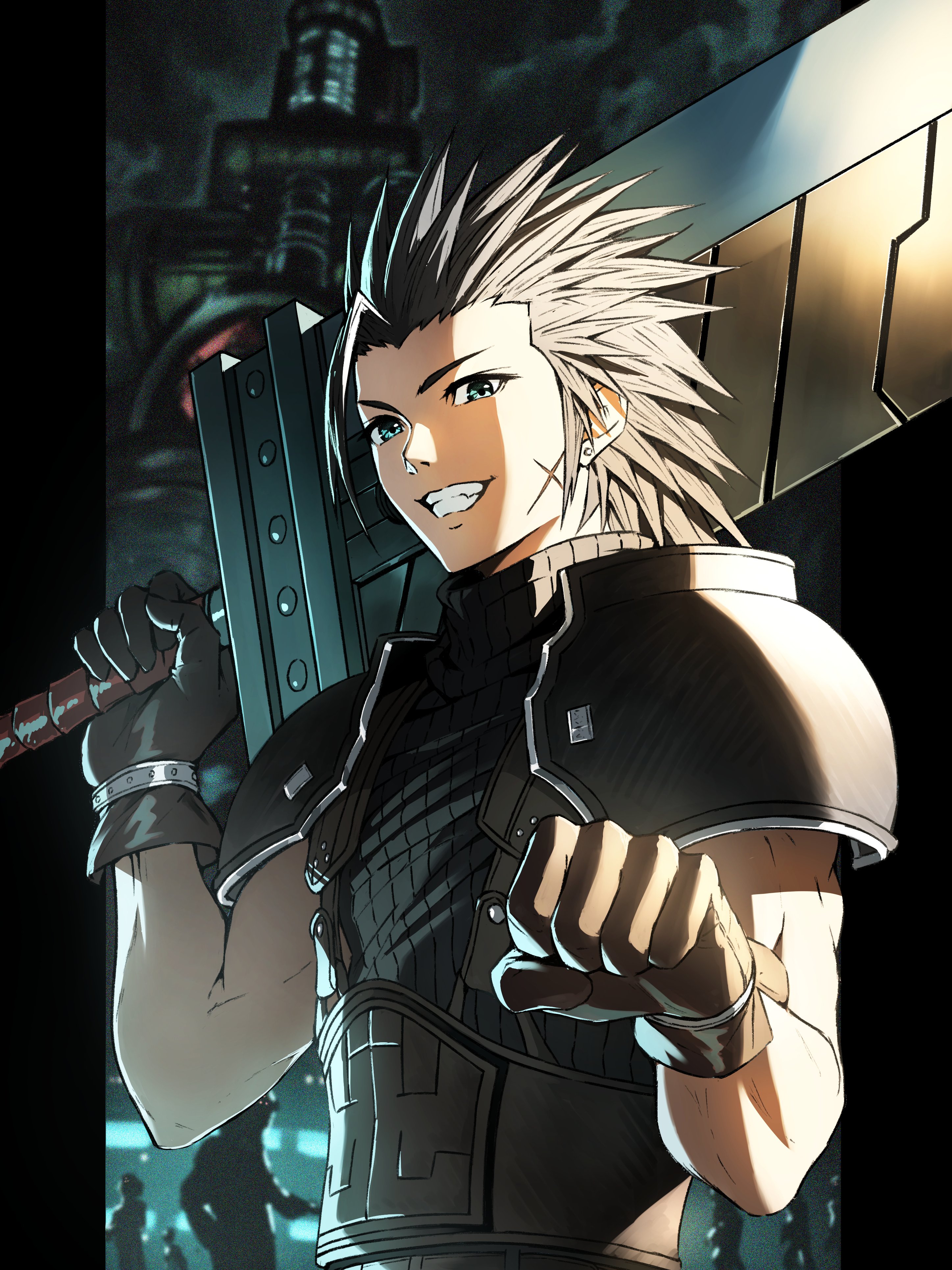 zupakyo, zack fair, final fantasy, final fantasy vii, final fantasy vii ever crisis, absurdres, commentary request, highres, 1boy, armor, black gloves, black hair, blue eyes, blurry, blurry background, buster sword, cross scar, earrings, facial scar, gloves, grin, holding, holding sword, holding weapon, jewelry, looking at viewer, male focus, ribbed sweater, scar, scar on cheek, scar on face, shoulder armor, sleeveless, sleeveless turtleneck, smile, solo focus, spiked hair, stud earrings, sweater, sword, turtleneck, turtleneck sweater, upper body, weapon