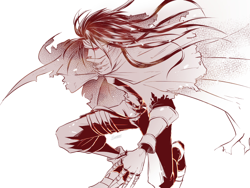 3mame 000 185, vincent valentine, final fantasy, final fantasy vii, commentary request, 1boy, armored boots, black hair, boots, cape, clawed gauntlets, cloak, covered mouth, floating hair, gauntlets, headband, long hair, male focus, monochrome, pants, red eyes, single gauntlet, solo, spot color, torn cloak, torn clothes, white background