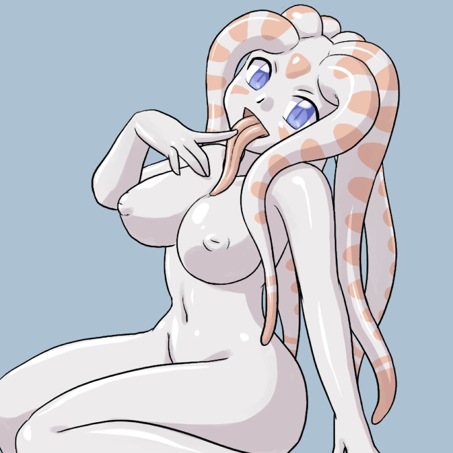 sashizume soutarou, supon, original, 1girl, alien, blue eyes, borrowed character, breasts, colored skin, female focus, inverted nipples, large breasts, monster girl, nipples, purple skin, solo, tentacles, tongue, zanburg