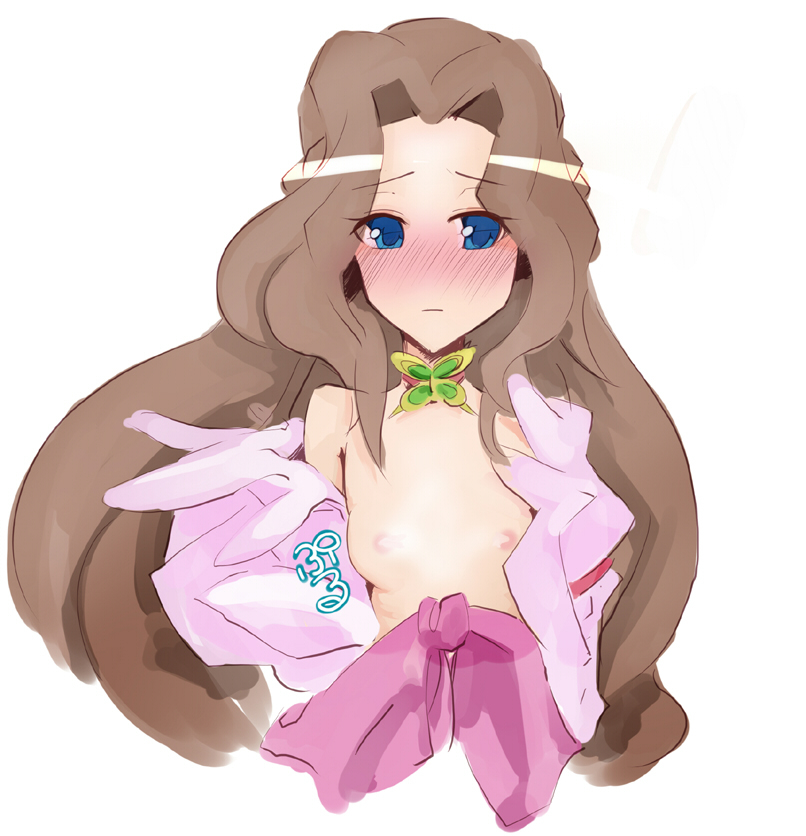 amakan, nunnally vi britannia, code geass, bad id, bad pixiv id, 00s, blue eyes, blush, brown hair, choker, flat chest, nipples, open clothes, open shirt, shirt, solo