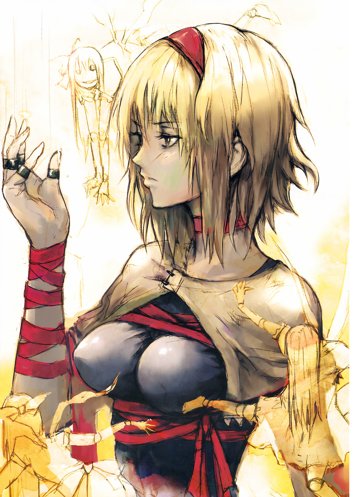 fujikawa daichi, alice margatroid, touhou, highres, resolution mismatch, source smaller, 1girl, blonde hair, breasts, capelet, choker, doll, doll joints, female focus, hair over face, hairband, hand up, jewelry, joints, long hair, medium breasts, puppet rings, puppet strings, ribbon, ring, serious, short hair, sketch, smile, solo, wrist ribbon, yellow eyes