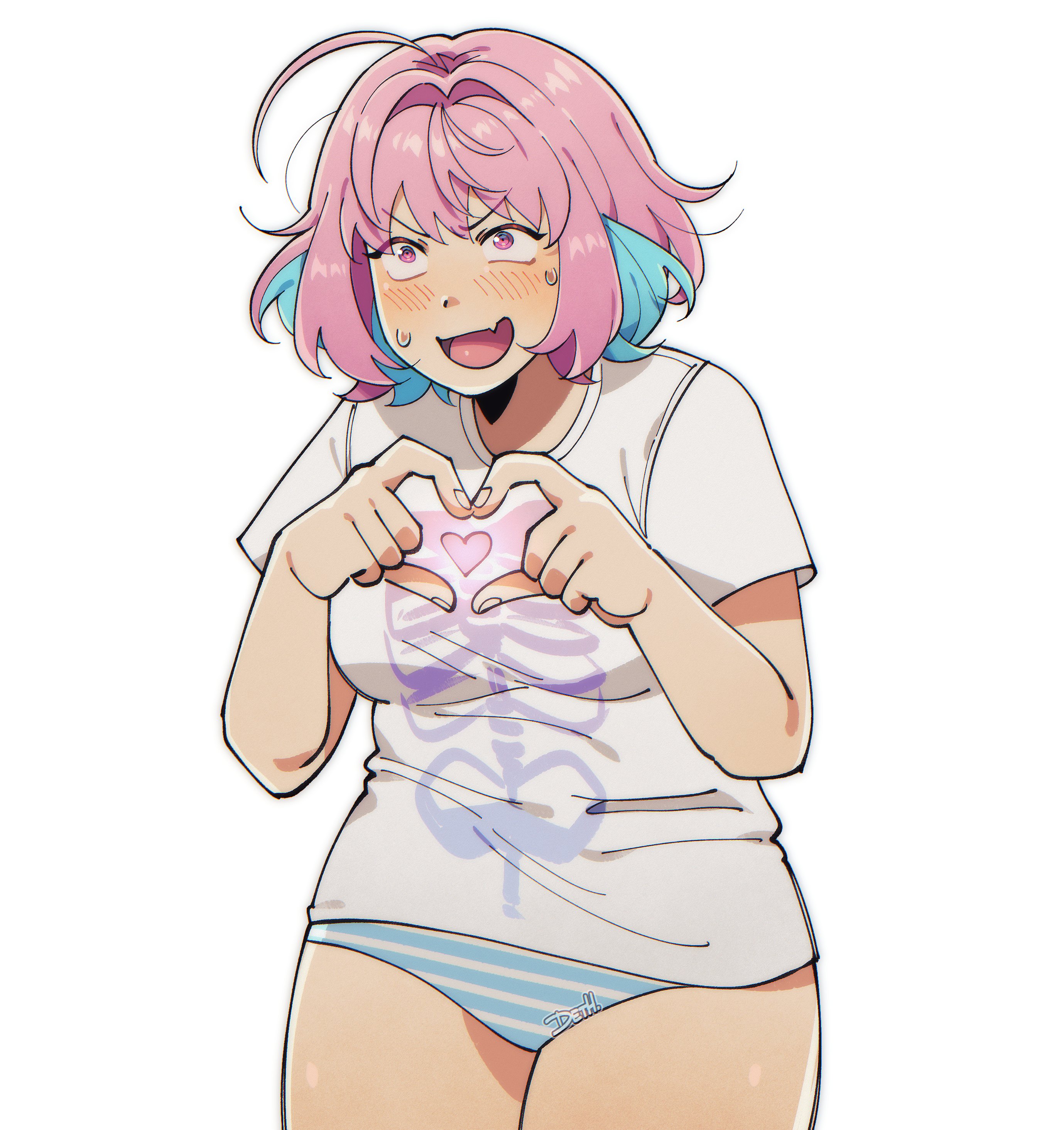 johan (deathamaranth), yumemi riamu, idolmaster, idolmaster cinderella girls, absurdres, commentary, english commentary, highres, 1girl, ahoge, blue hair, blue panties, blush, breasts, cowboy shot, curvy, fang, four-finger heart hands, hair intakes, heart, heart hands, medium breasts, multicolored hair, no pants, panties, pink eyes, pink hair, shirt, signature, skin fang, solo, striped clothes, striped panties, sweat, t-shirt, thick thighs, thighs, two-tone hair, underwear, v-shaped eyebrows