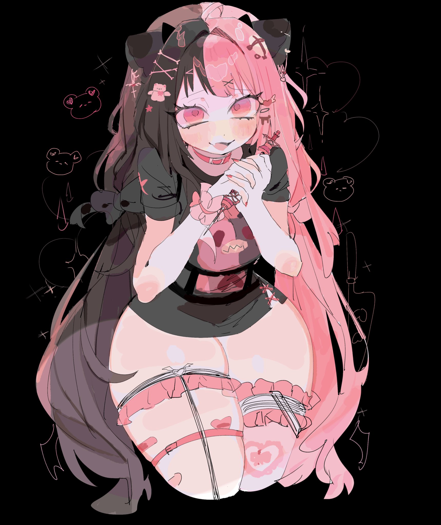 usa37107692, original, commentary, commission, highres, 1girl, :d, ahoge, animal ears, asymmetrical legwear, bandaid on thigh, bear hair ornament, black background, black hair, black shirt, blush, cat ears, collar, cropped legs, cross-laced clothes, cross-laced slit, cross-laced top, fang, frilled thigh strap, frilled thighhighs, frills, from above, hair intakes, hair ornament, hands up, heart, holding, holding syringe, interlocked fingers, long hair, looking at viewer, multicolored hair, nail polish, no pants, open mouth, own hands clasped, own hands together, pink collar, pink eyes, pink hair, pink nails, pink thighhighs, raised inner eyebrows, shirt, short sleeves, simple background, single thighhigh, skin fang, skindentation, smile, solo, sparkle, split-color hair, syringe, thigh strap, thighhighs, tongue, two-tone hair, very long hair, wide hips, x hair ornament