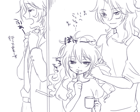 plum (arch), feldt grace, lockon stratos, gundam, gundam 00, lowres, 00s, 1boy, 1girl, adjusting hair, hairdressing, monochrome, purple theme
