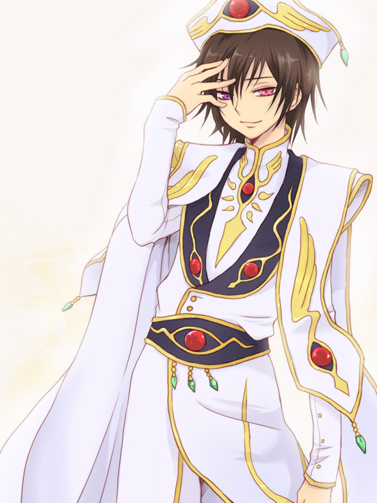 plum (arch), lelouch vi britannia, code geass, 00s, 1boy, belt, brown hair, cloak, cowboy shot, gradient background, hat, jewelry, male focus, short hair, solo, white background