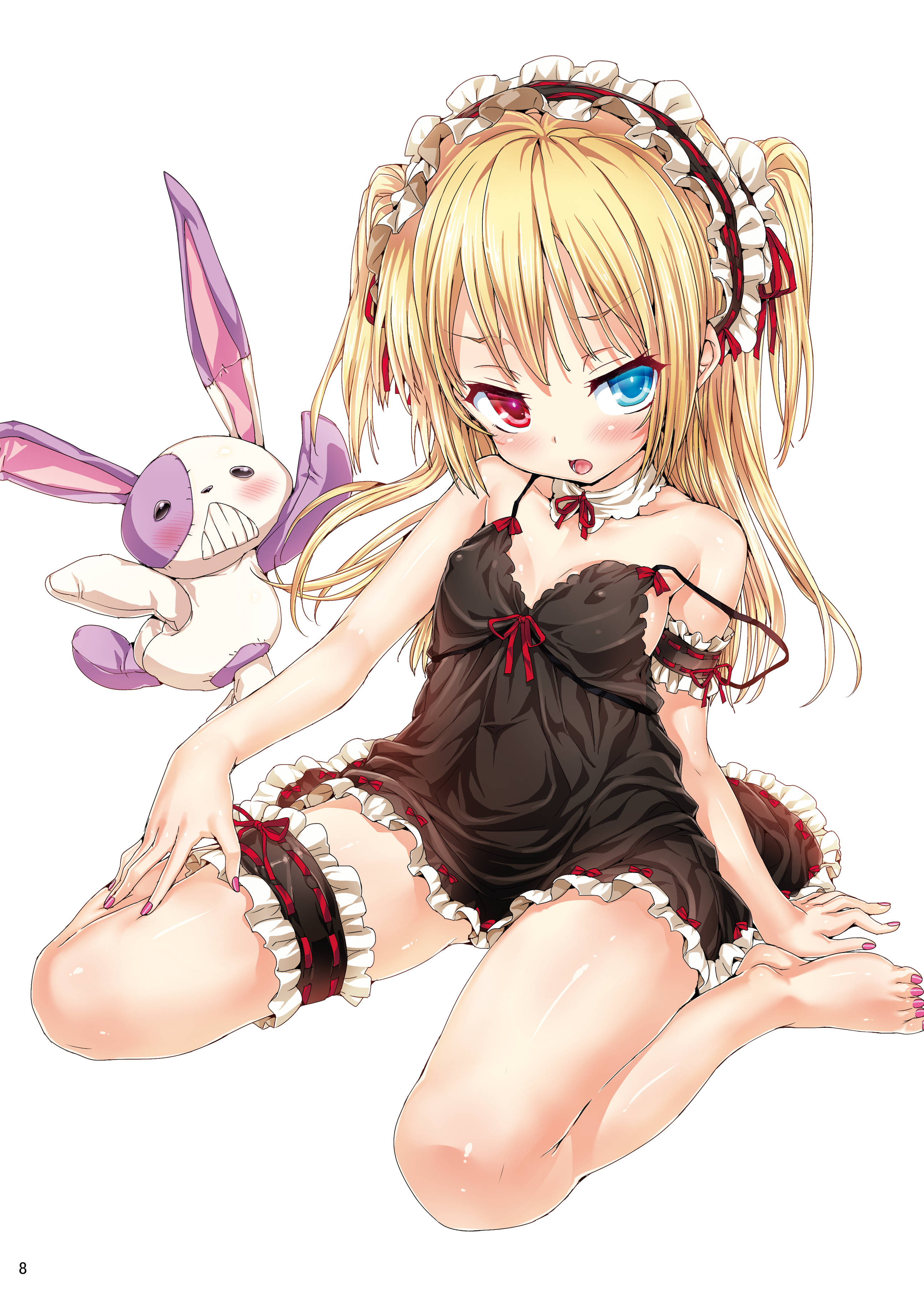hisasi, hasegawa kobato, boku wa tomodachi ga sukunai, absurdres, highres, 1girl, blonde hair, blue eyes, blush, covered erect nipples, gothic lolita, hairband, heterochromia, lolita fashion, lolita hairband, long hair, looking at viewer, nail polish, open mouth, pink nails, red eyes, shiny skin, sitting, solo, stuffed animal, stuffed rabbit, stuffed toy, toenail polish, toenails, toes, two side up, white background