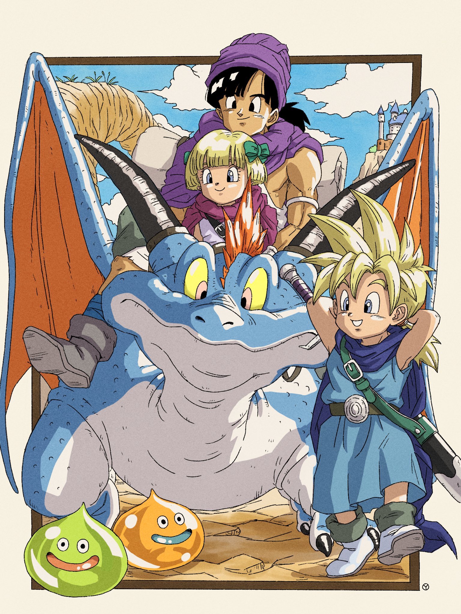 yuto sakurai, hero's daughter (dq5), hero's son (dq5), hero (dq5), she-slime, dragon quest, dragon quest v, commentary request, highres, 1girl, 2boys, armlet, arms behind head, black hair, blonde hair, blue cape, blue eyes, blue sky, blue tunic, blunt bangs, boots, bow, cape, castle, cloak, closed mouth, cloud, cloudy sky, dragon, father and daughter, father and son, full body, green bow, hair bow, jewelry, lime slime, long hair, looking at another, low ponytail, mountain, multiple boys, outdoors, outside border, pink cape, pink cloak, ponytail, purple cape, purple cloak, purple turban, riding, short hair, siblings, sitting, sky, smile, spiked hair, tunic, twins, walking, white tunic