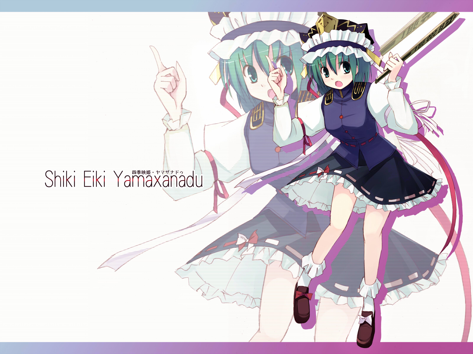 seo tatsuya, shiki eiki, touhou, highres, 1girl, angry, female focus, full body, green eyes, green hair, solo, standing, zoom layer