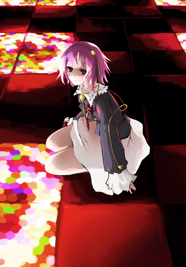 takanashi akihito, komeiji satori, touhou, 1girl, blue jacket, female focus, hairband, heart, jacket, long sleeves, looking at viewer, looking back, pink eyes, pink hair, pink skirt, shaded face, sitting, skirt, solo, yokozuwari